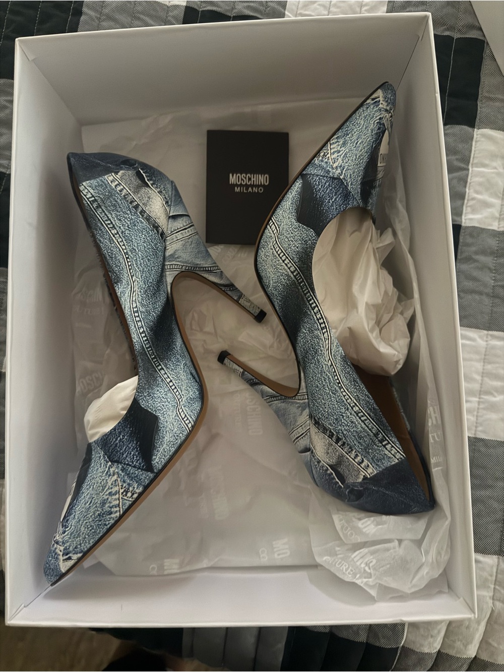 Moschino Denim-Print Pointed-Toe Stiletto Pumps in Blue